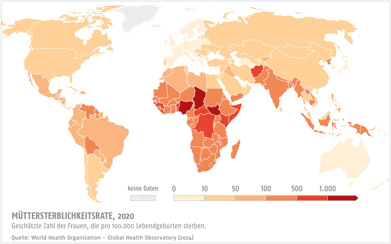 Weltkarte in Gelb, Ornage, Rot, die die weltweite Müttersterblichkeit 2020 abbildet.
