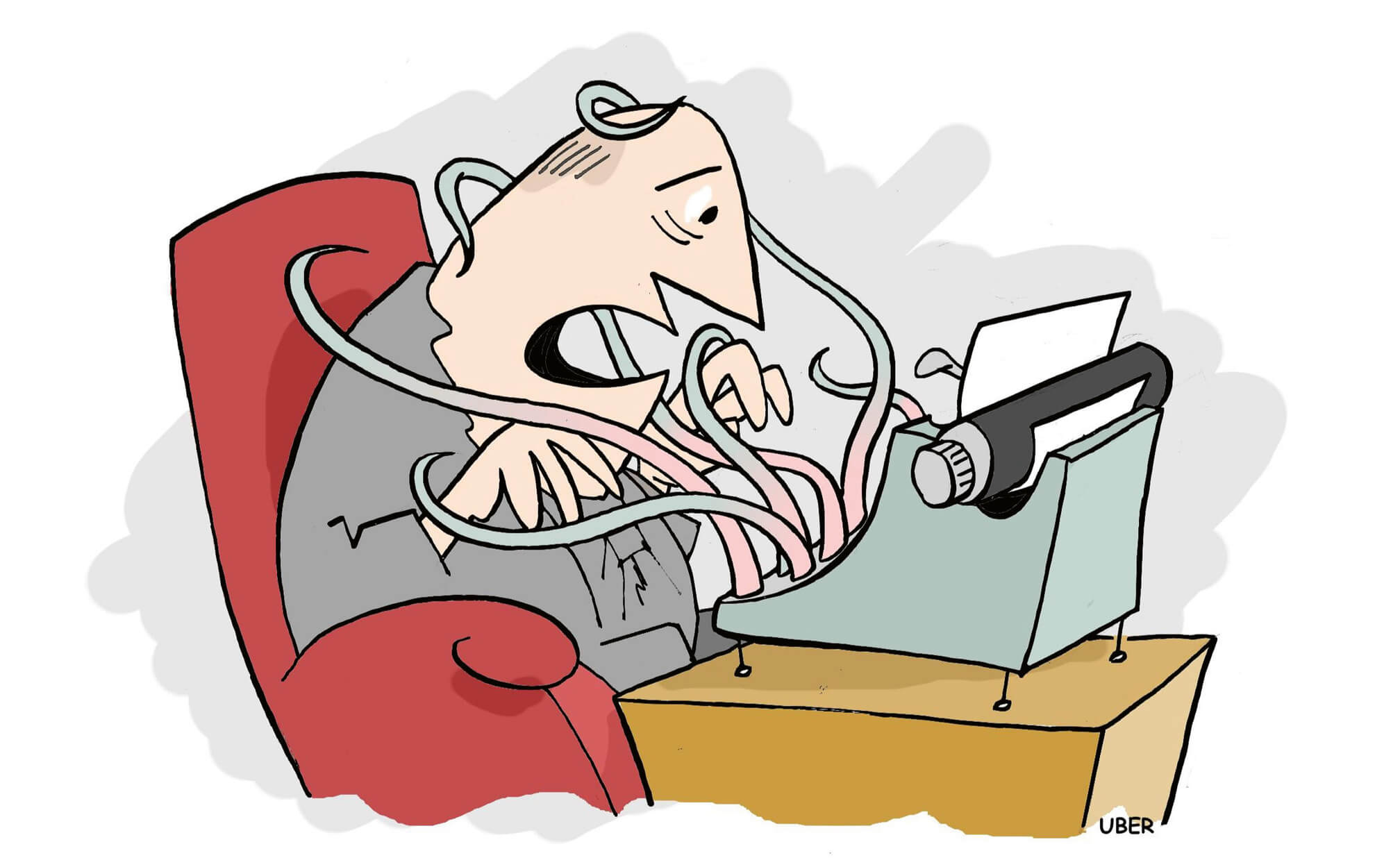 Karikatur von Gianfranco Uber von einem Mann, der von Tentakeln, die aus einer vor ihm stehenden Schreibmaschine hervorkommen, umschlungen wird.