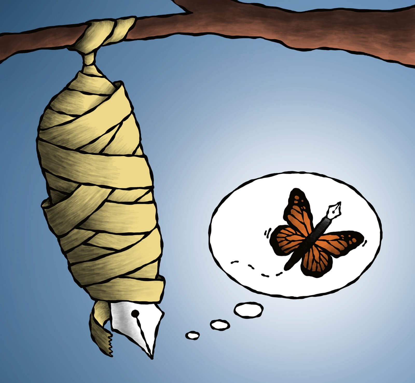 Illustrtation eines in einem Kokon eingewickelten Füllers, daneben eine Denkblase mit einem als Schmetterling geflügelten Füller, der fliegt.