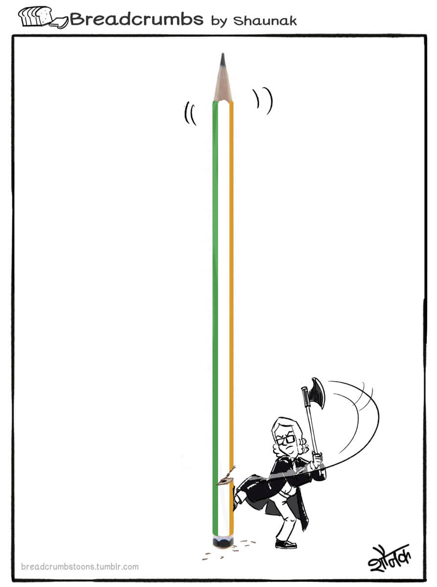 Karikatur von Shaunak Samvatsar: Ein übergroßer Bleistift in Grün, Weiß und Orange wird von einer gezeichneten Figur mit einer Axt wie ein Baum gefällt.