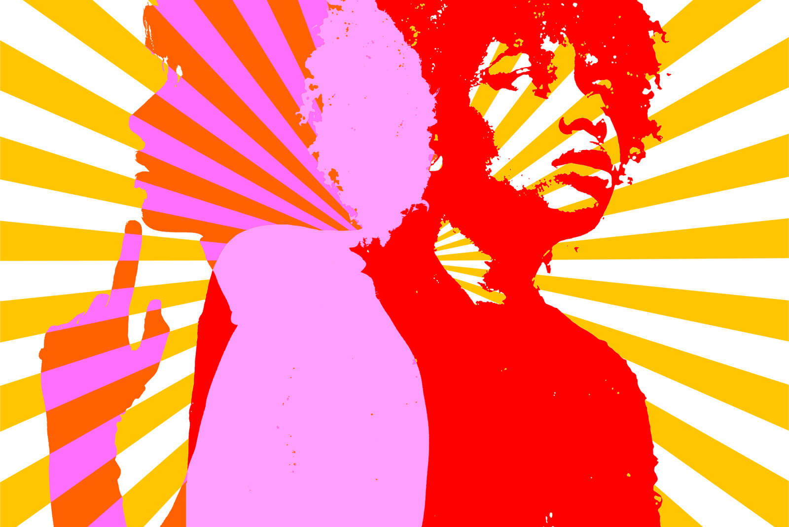 Illustartion zweier Frauen in Lila, Rot, Orange und Gelb.