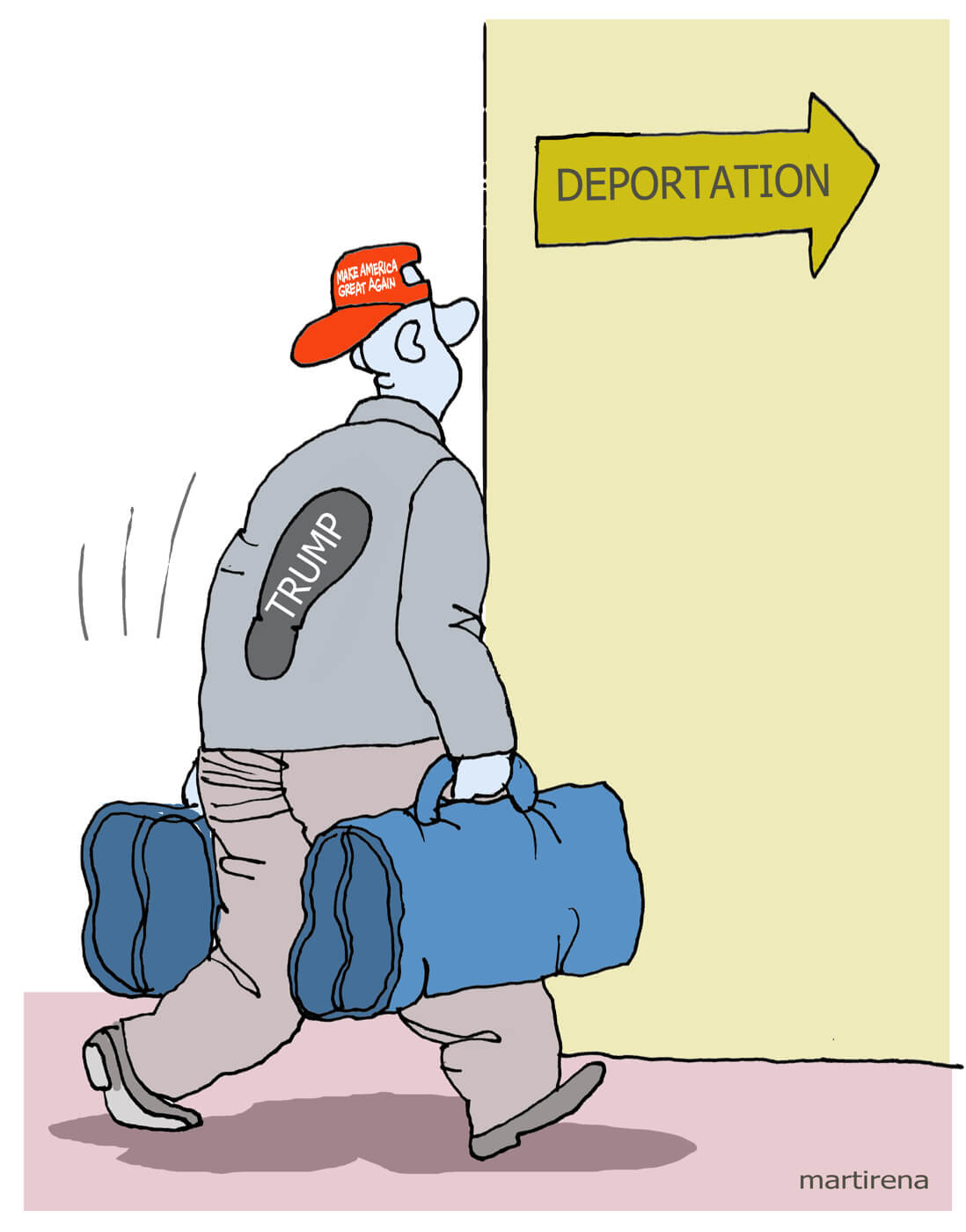 Karikatur von Alfredo Martirena: Ein Mann mit zwei Reisetaschen, einer Make-America-Great-Again-Kappe und einem Fußabdruck mit der Aufschrift 
