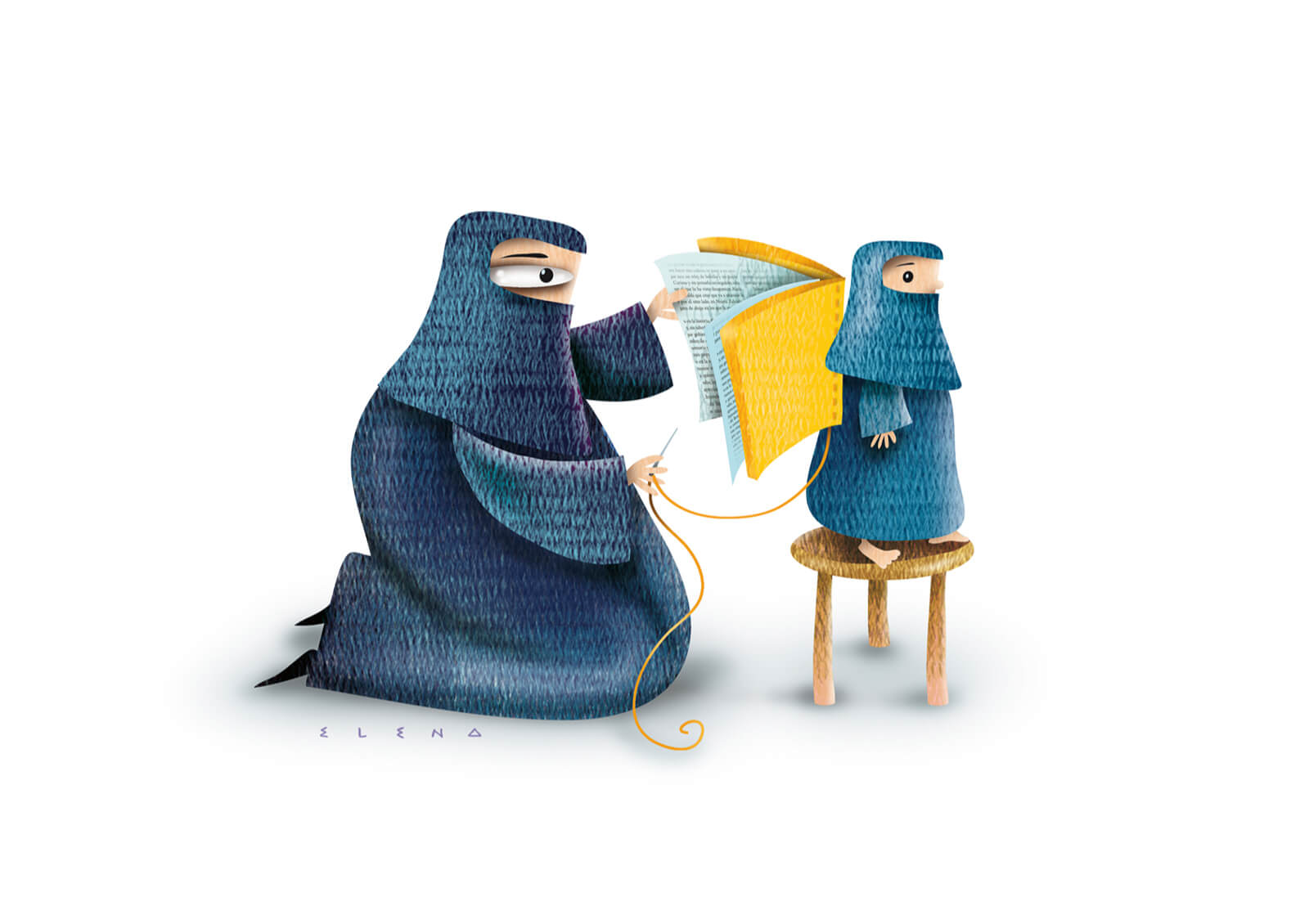 Illustration: Eine Frau in Burqa näht einem kleinen Mädchen ebenfalls in einer Burqa ein Buch als Flügel am Rücken fest.