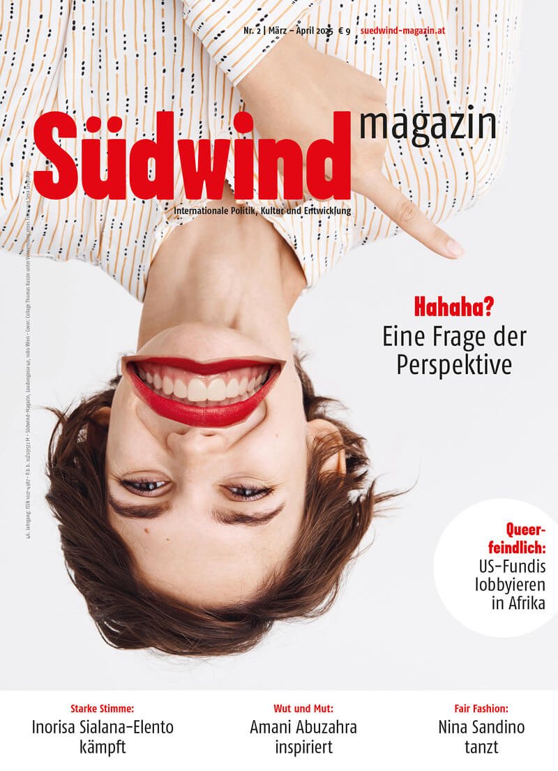 Cover des Südwind-Magazins der Ausgabe 2/2025: Das Porträt einer Frau steht auf dem Kopf, ihr großer lachender Mund sitzt verkehrum in ihrem Gesicht.