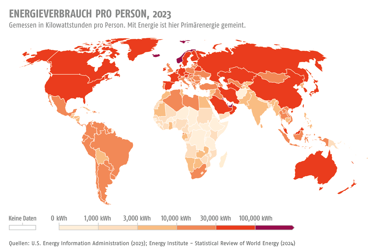 Weltkarte, die den Energieverbrauch pro Person im Jahr 2023 abbildet.