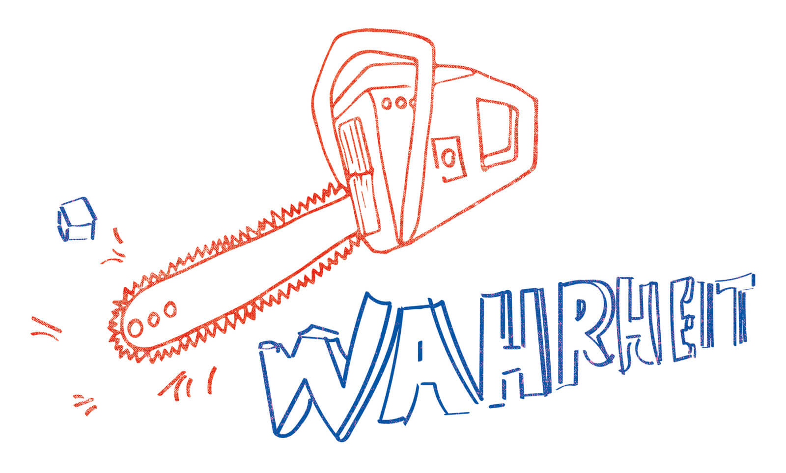 Illustration einer Kettensäge in Rot, die das Wort 