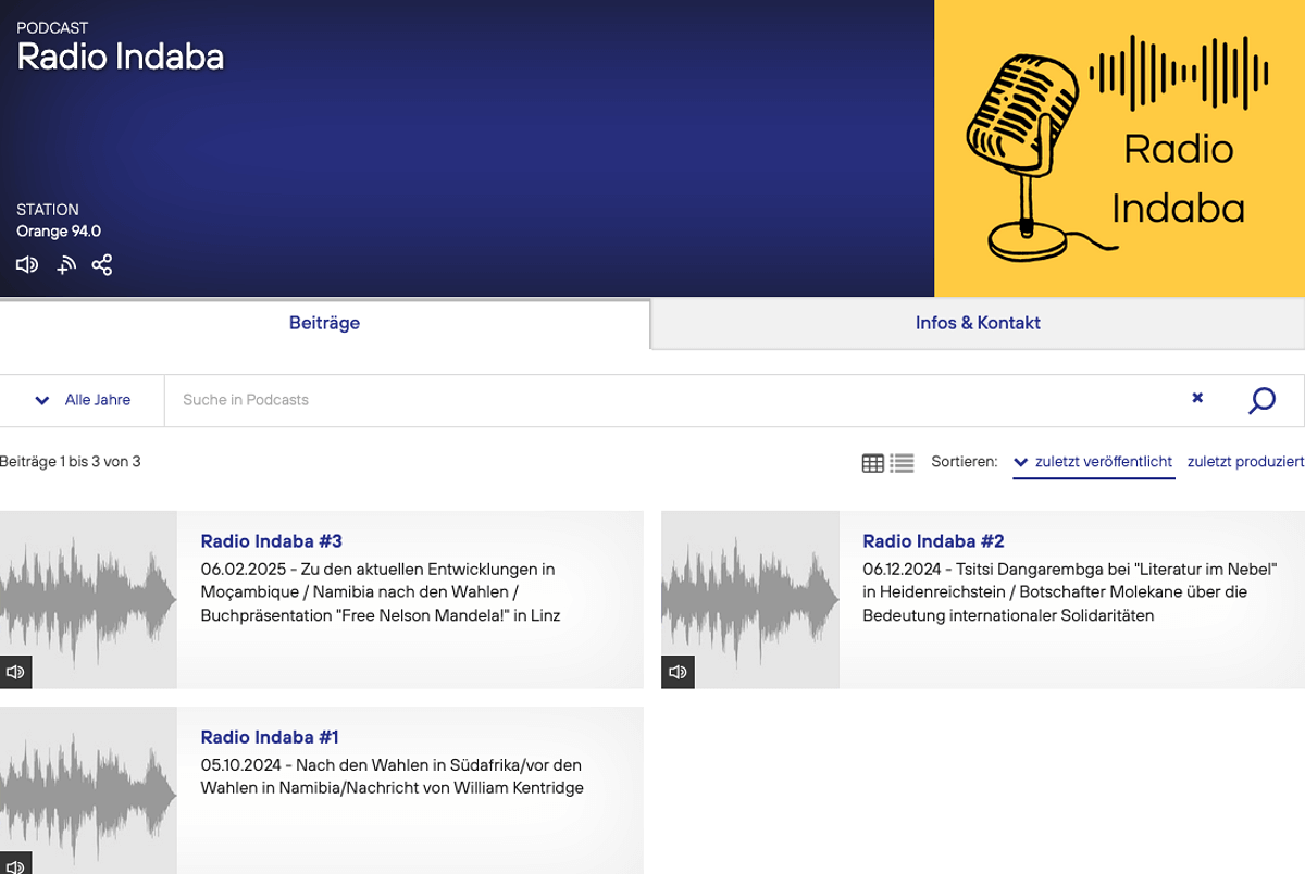 Podcastseite von Radio Indaba mit drei Episoden zu Themen wie Wahlen in Mosambik, Südafrika und Namibia sowie internationaler Solidarität.