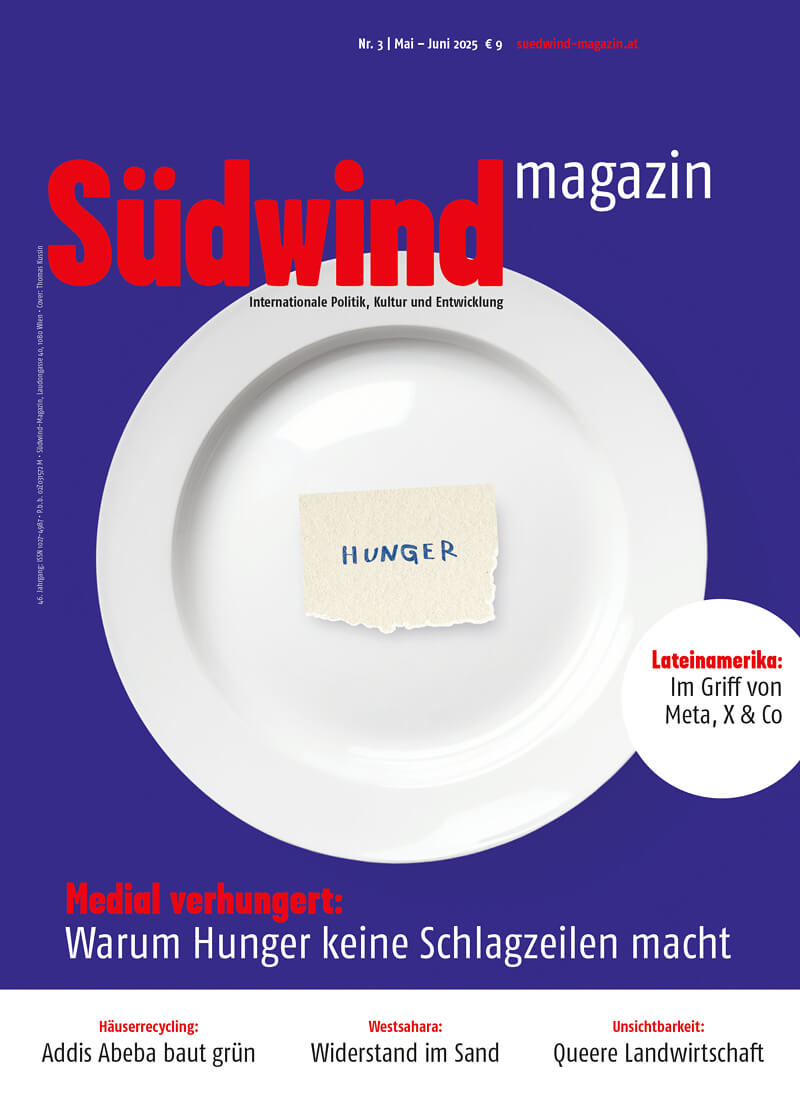 Cover des Südwind-Magazins der Ausgabe 3/2025: Ein leerer weißer Teller mit einem Zettel in der Mitte, auf dem ‚Hunger‘ steht.