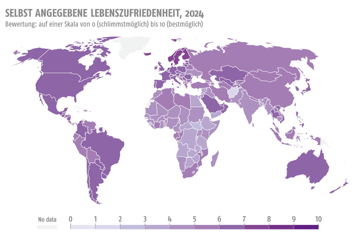 Weltkarte, die in verschiedenen Lilatönen darstellt, wie zufrieden Menschen 2024 weltweit waren.