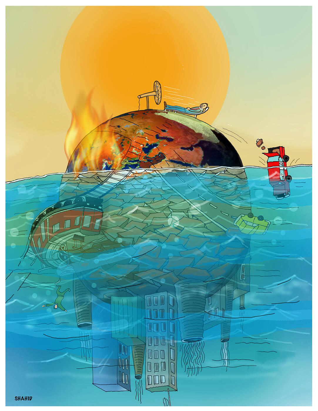 Illustration von Shahid Atiqullah: Eine brennende Weltkugel versinkt im Meer, dahinter eine riesige orangene Sonne.