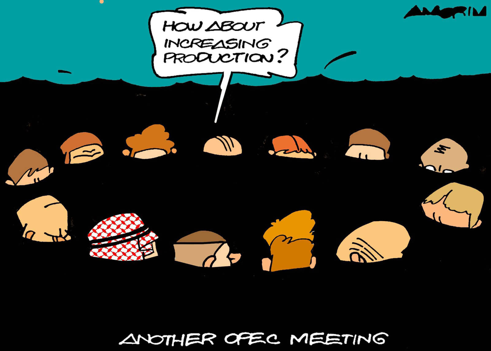 Karikatur zeigt Personen, die bis zur Nase in schwarzem Öl stehen, bei einem OPEC-Treffen, einer fragt 'How about increasing production?'.