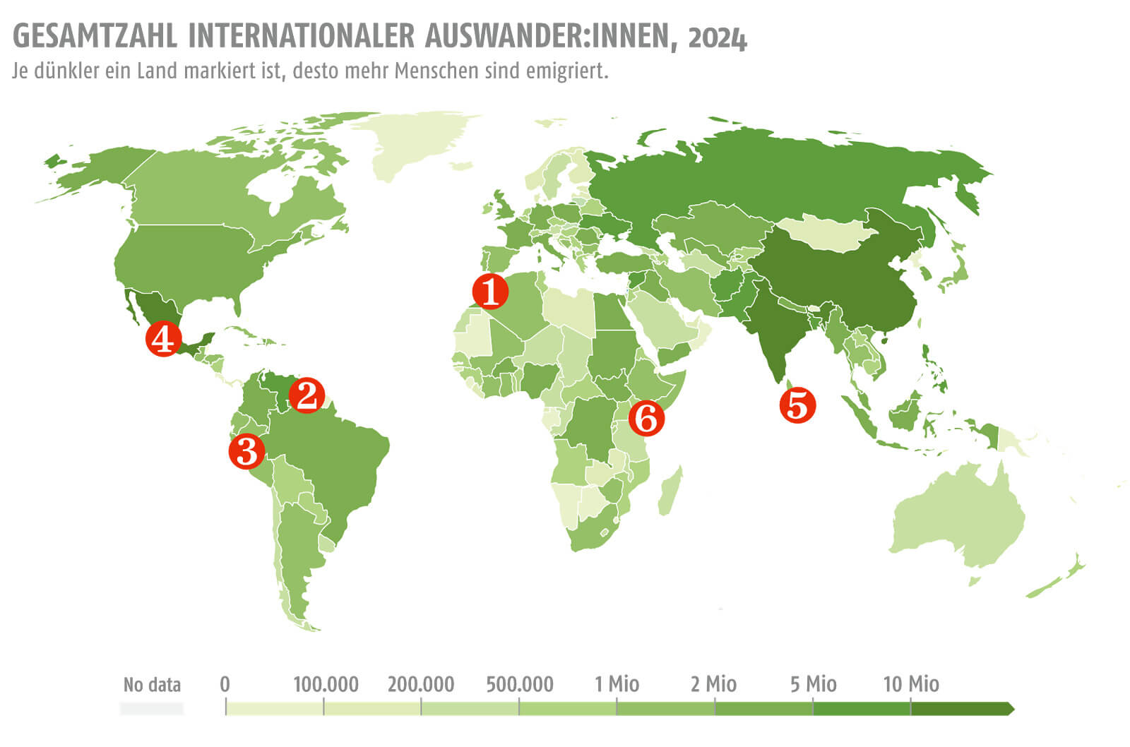 Weltkarte zeigt Gesamtzahl internationaler Auswanderer 2024 auf.