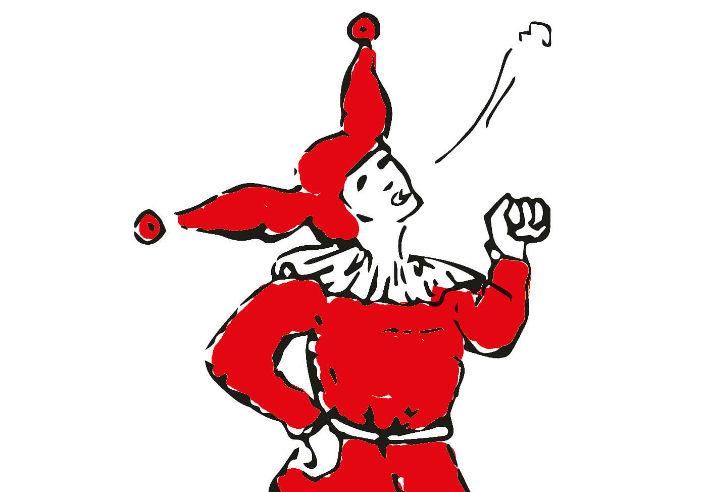 Illustration: Narr mit rotem Kostüm und Hut mit drei Spitzen, singt oder ruft mit erhobener Faust.