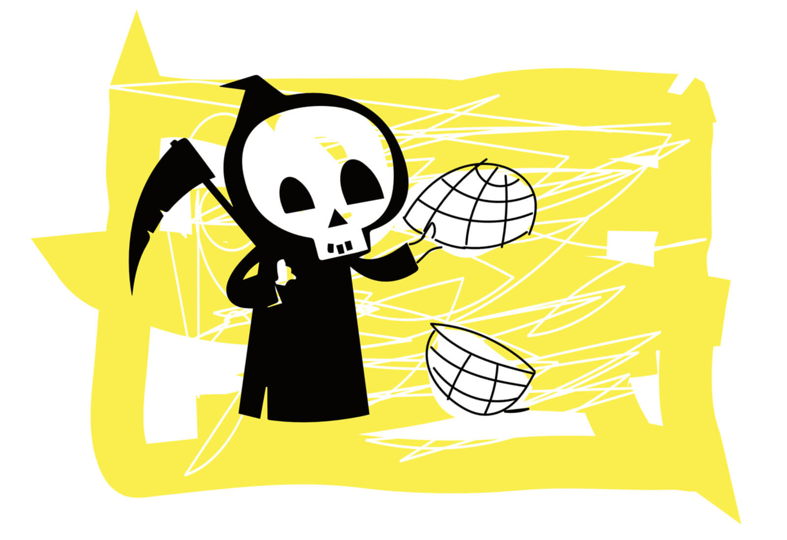 Illustration von Thomas Kussin: Skelett in schwarzem Umhang mit Sense hält zwei Hälften einer Weltkugel in der Hand, gelber Hintergrund.