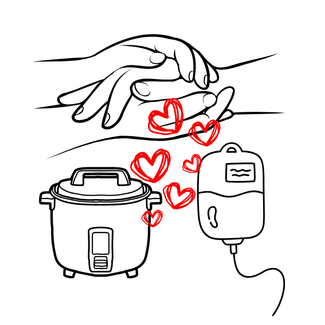Illustration von Händen, Reiskocher, Herzen und Infusion.