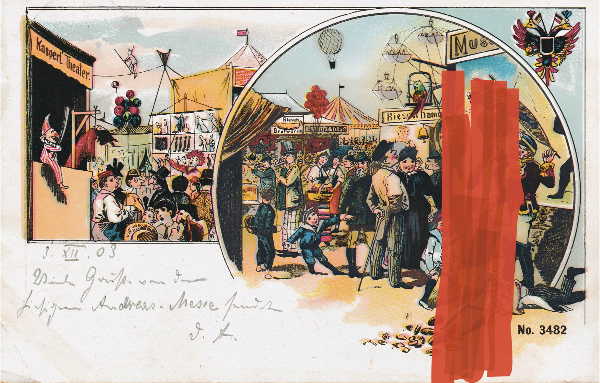 Illustration einer festlichen Jahrmarktszene mit verschiedenen Ständen, Menschen in zeitgenössischer Kleidung und Attraktionen wie einem Puppentheater. Mit rotem Klebeband überklebt ist die Darstellung eines Menschen aus Afrika, der auf einer Bühne als Attraktion vorgeführt wird.