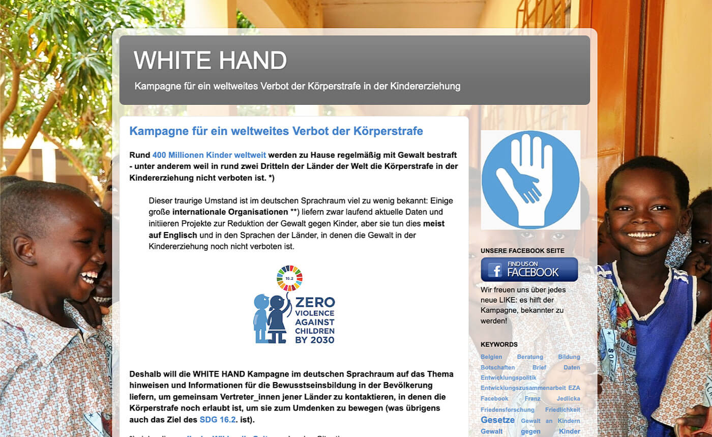 Screenshot einer Website: Mehrere Kinder nebeneinander, über deren Foto ein Informationsbanner mit dem Titel 'WHITE HAND' gelegt ist.