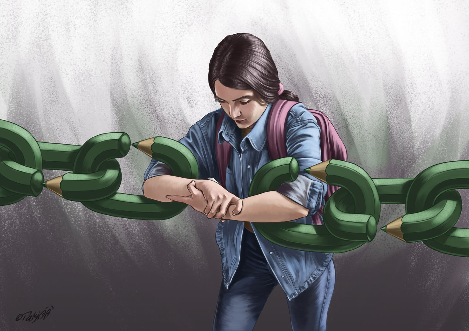 Illustration: Eine junge Frau mit einem Rucksack steht vor einer Kette aus grünen Stiften, die sich um ihre Arme schlingt.