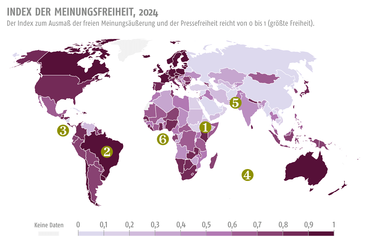 Die Weltkarte zeigt den Index der Meinungs- und Pressefreiheit 2024: Länder in dunklem Lila haben hohe Freiheit (nahe 1), z. B. Australien, Kanada und Nordeuropa; mittlere Werte in Teilen Südamerikas, Europas und Asiens; sehr niedrige Werte (unter 0,3) in Ländern Afrikas, im Nahen Osten und Teilen Asiens.