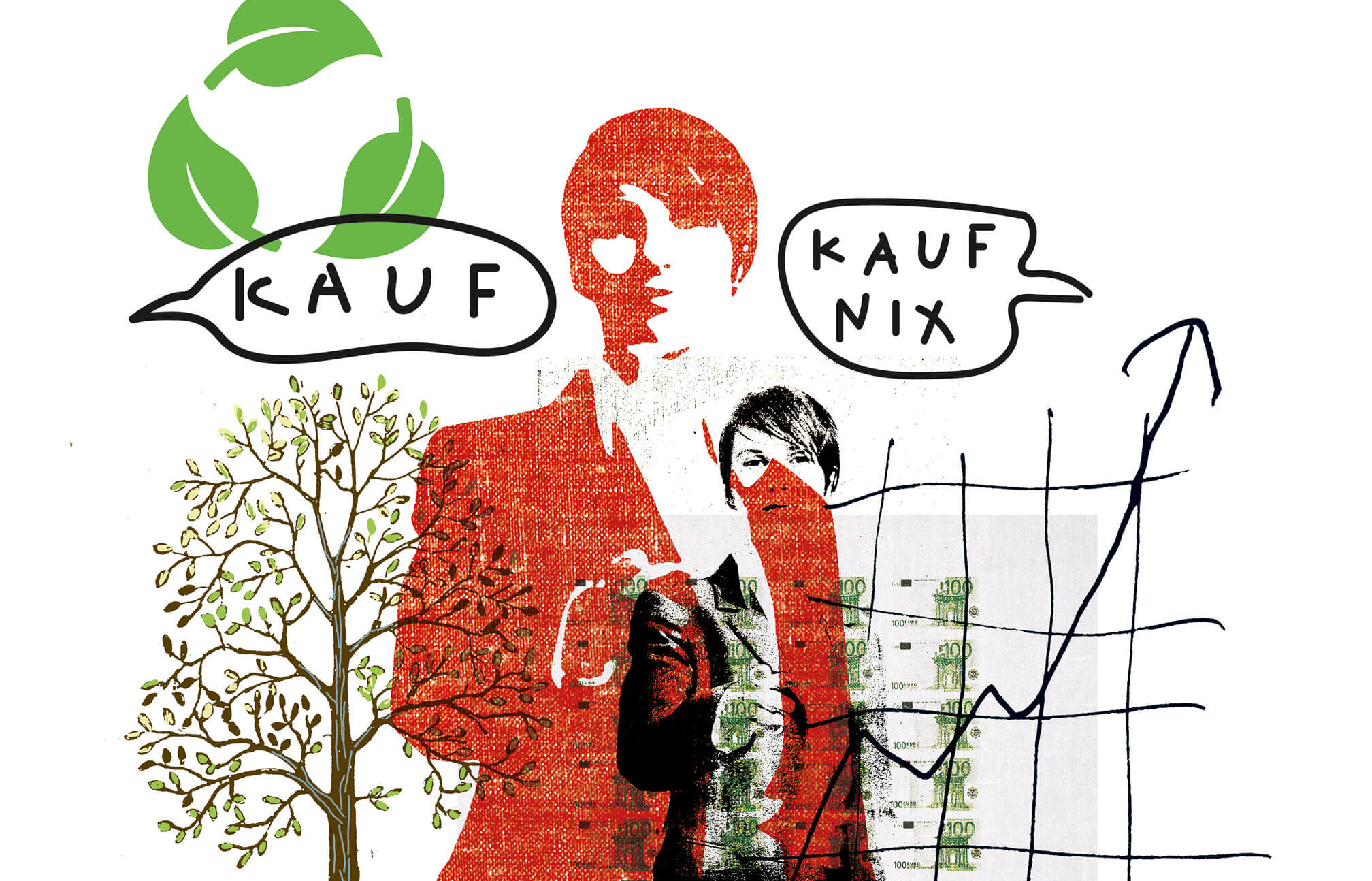 Illustration von Personen mit Sprechblasen „Kauf“ und „Kauf nix“, daneben ein Recycling-Symbol und ein Baum.