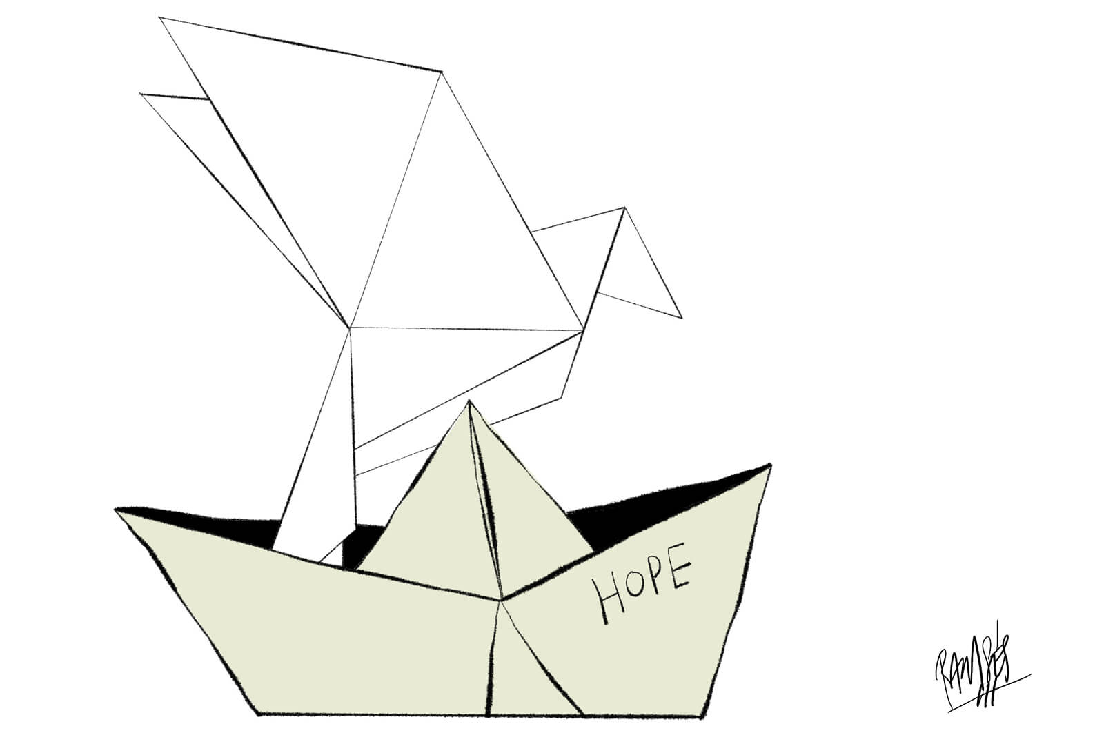 Illustration: Ein Papierboot mit dem Wort „Hope“ und ein gefalteter Vogel.