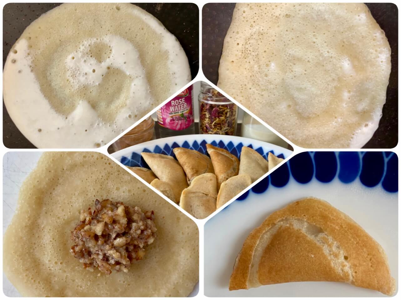 Bilder in Mosaikform angeordnet von Atayef in der Pfanne und fertig am Teller.