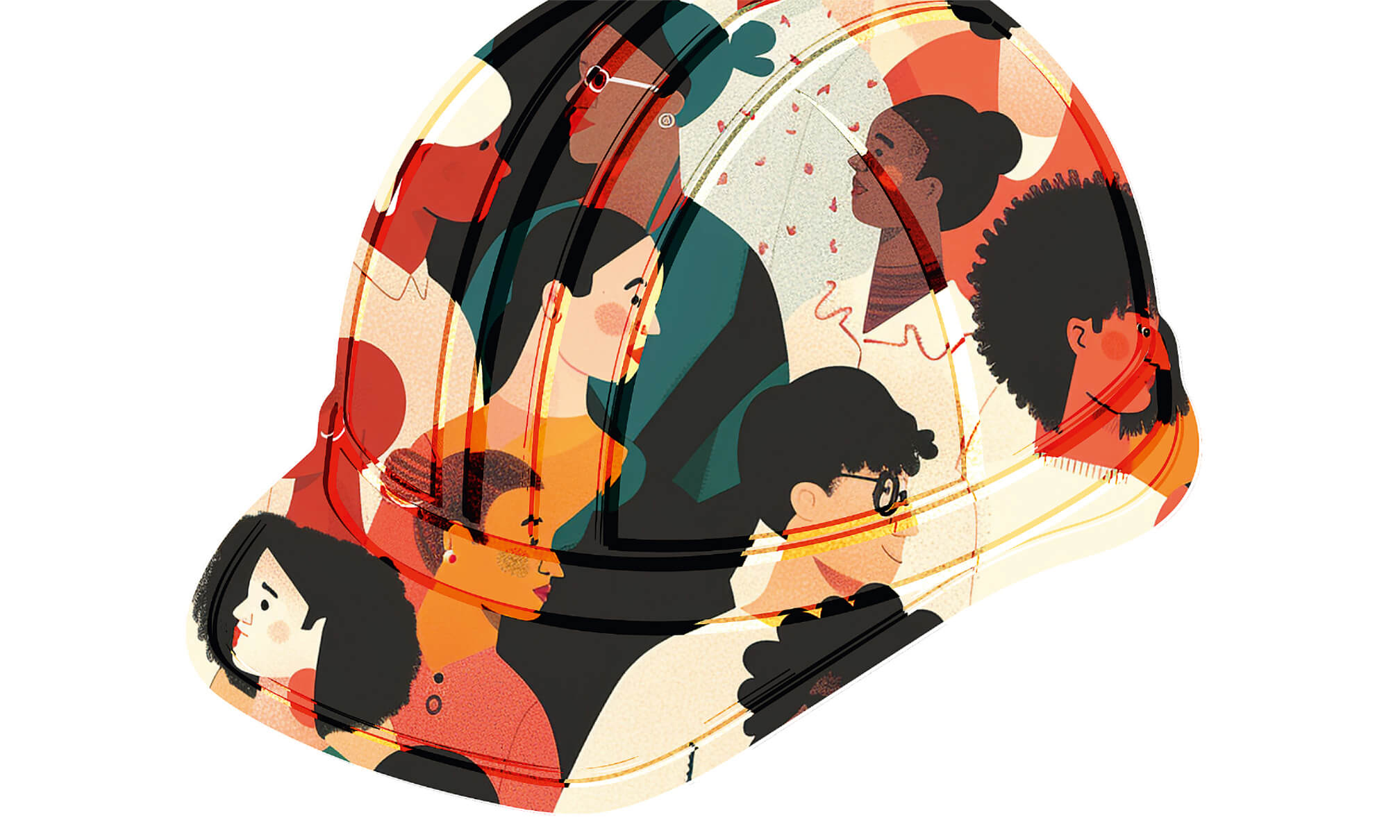 Illustration eines Schutzhelms, gefüllt mit stilisierten Porträts unterschiedlicher Menschen.