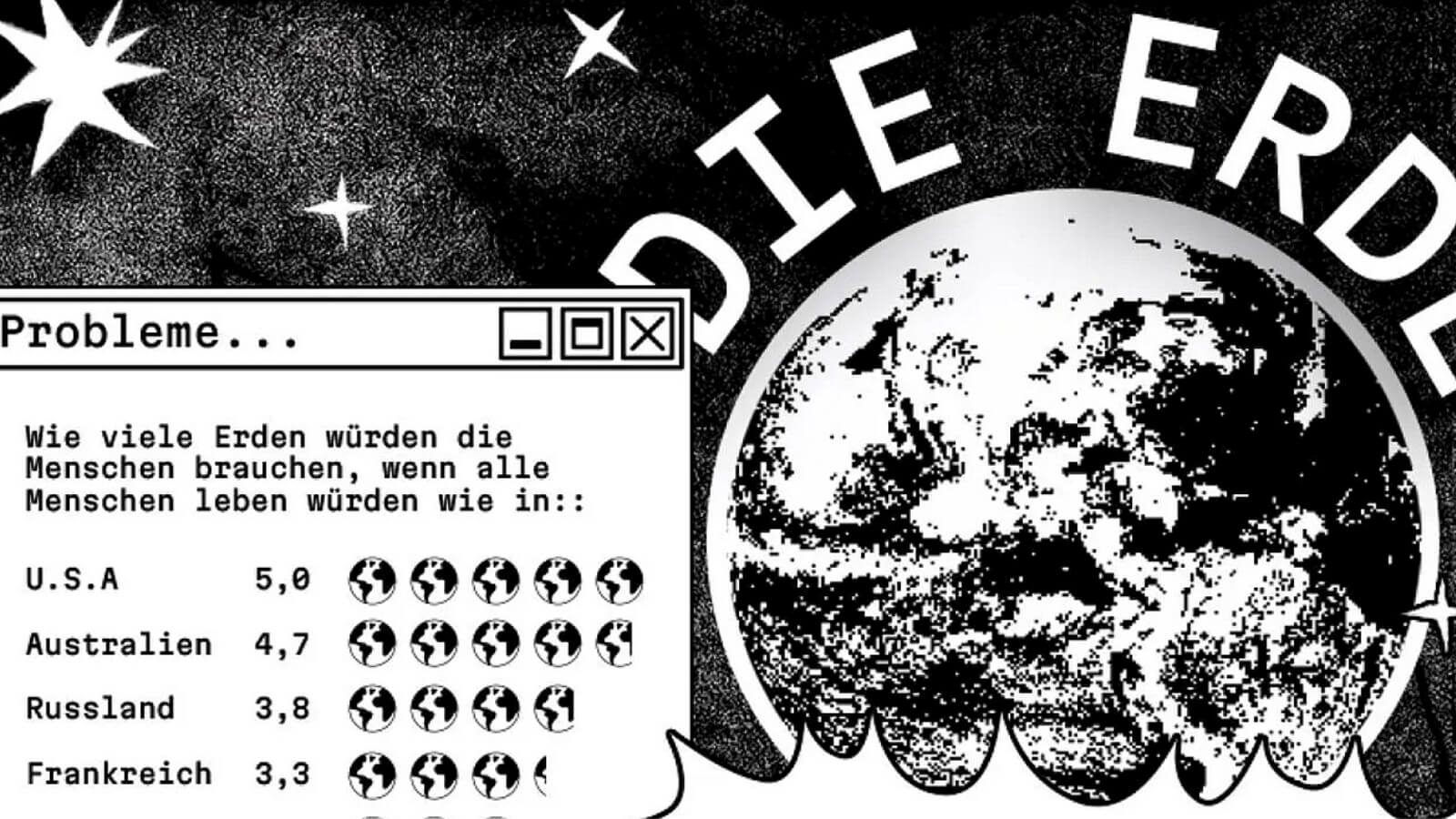 Schwarz-weiße Illustration mit Erde und Infografik zur Frage, wie viele Planeten bei westlichem Lebensstil benötigt würden.
