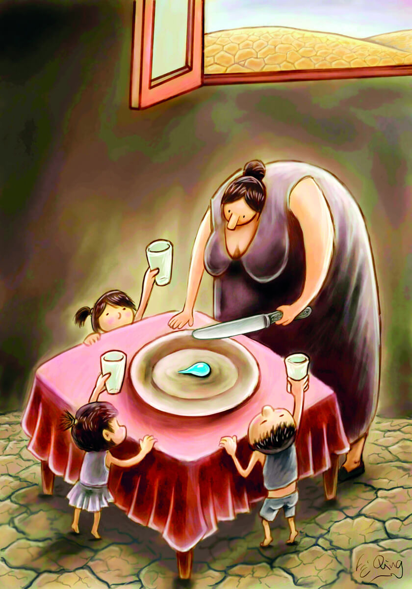 Illustration einer Mutter mit drei Kindern am Tisch, die leere Gläser hochhalten, in der Mitte ein fast leerer Teller mit einem Wassertropfen als Symbol für Wassermangel.