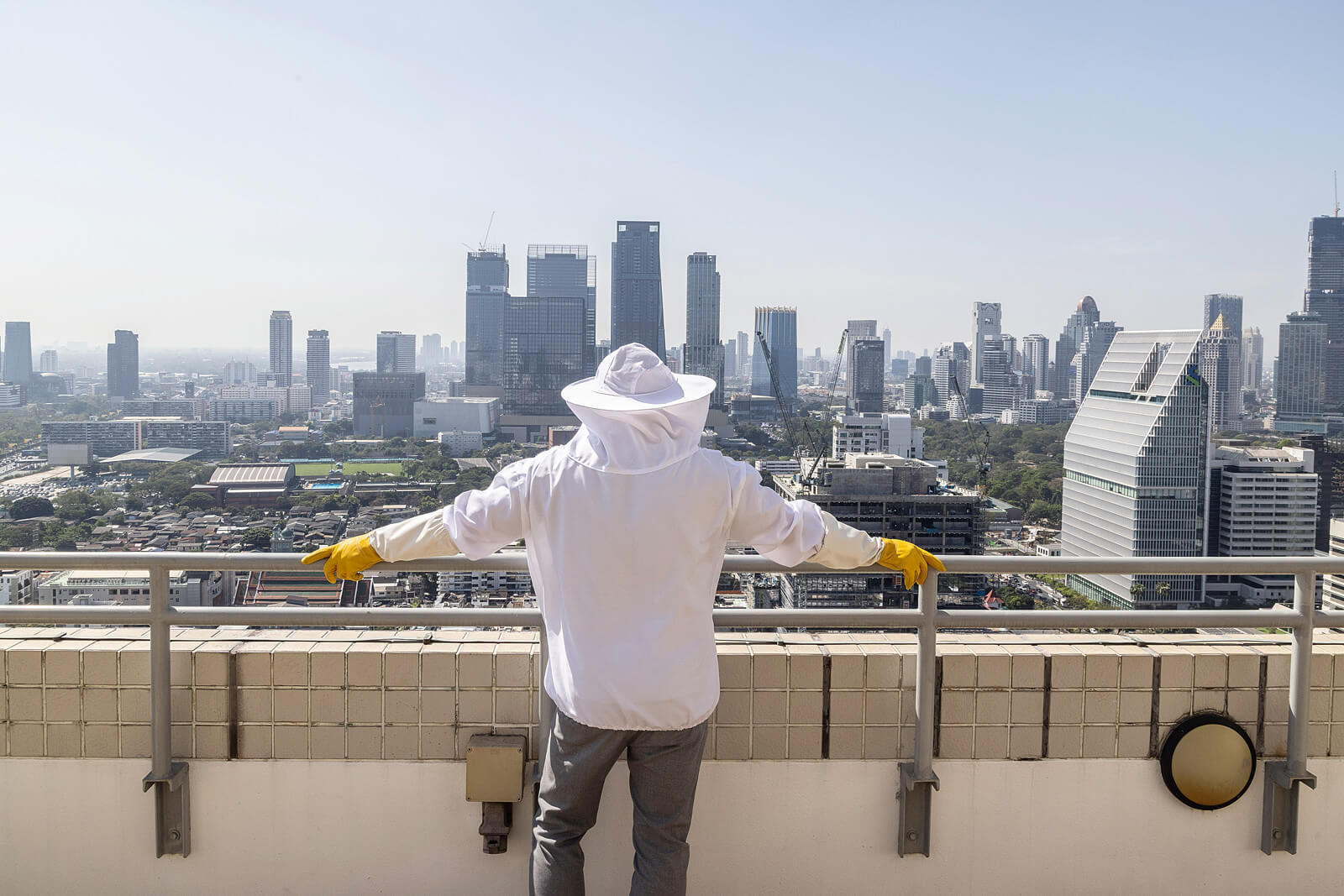 Ein Imker in weißem Schutzanzug und gelben Handschuhen steht auf einer Dachterrasse und blickt auf die Skyline einer Großstadt – vermutlich Bangkok.