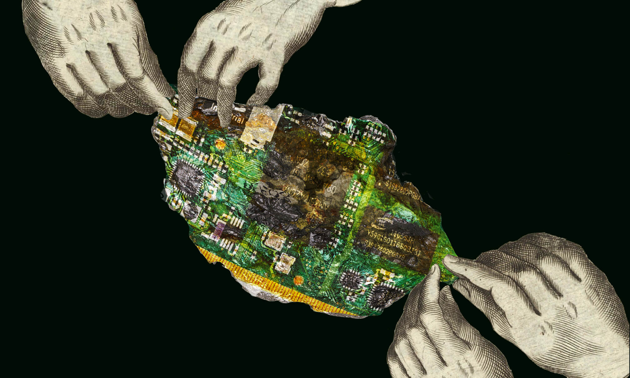 Digitale Collage: Mehrere Hände im Stich-Illustrationsstil halten gemeinsam ein Stück Leiterplatte, das mit einem Rohmineral verschmolzen ist – schwarzer Hintergrund.