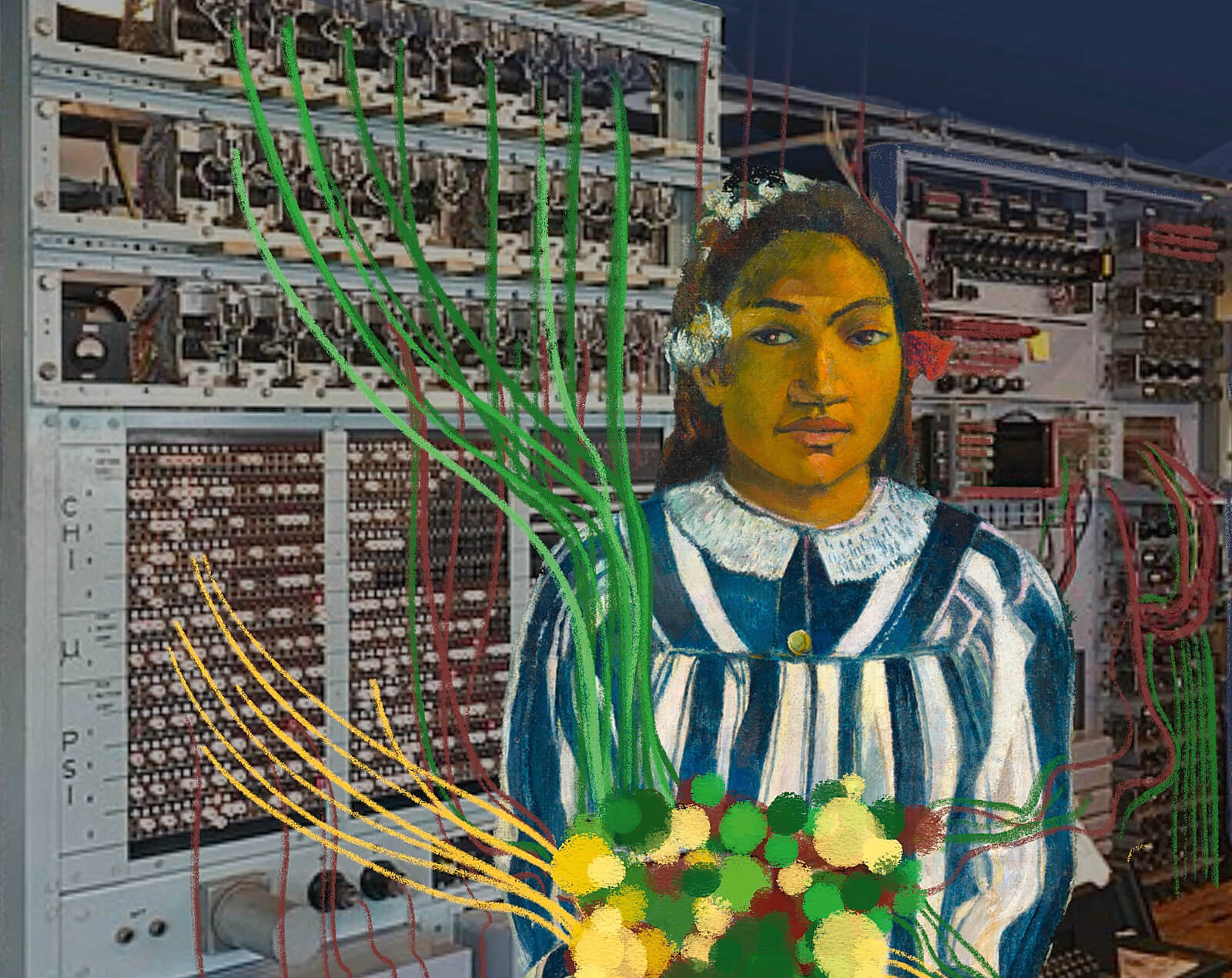 Digitale Collage: Gemäldeporträt eines jungen Mädchens (im Stil Gauguins) vor einem historischen Großrechner, überlagert mit bunten Kabeln und abstrakten Kreisen.