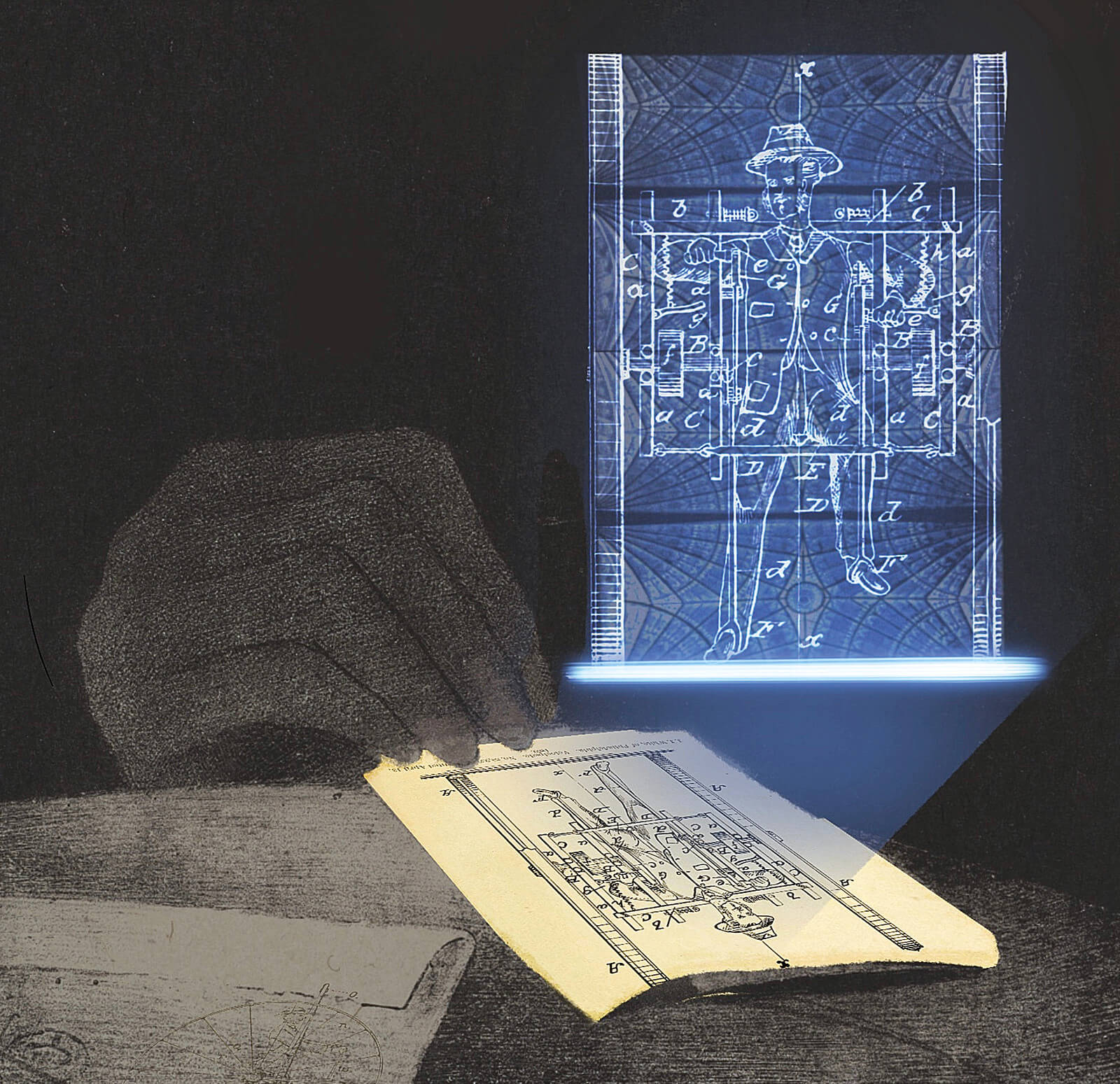 Digitale Collage: Eine gezeichnete Hand auf alten Dokumenten projiziert ein leuchtendes blaues Hologramm einer historischen Maschinenskizze mit menschlicher Figur.
