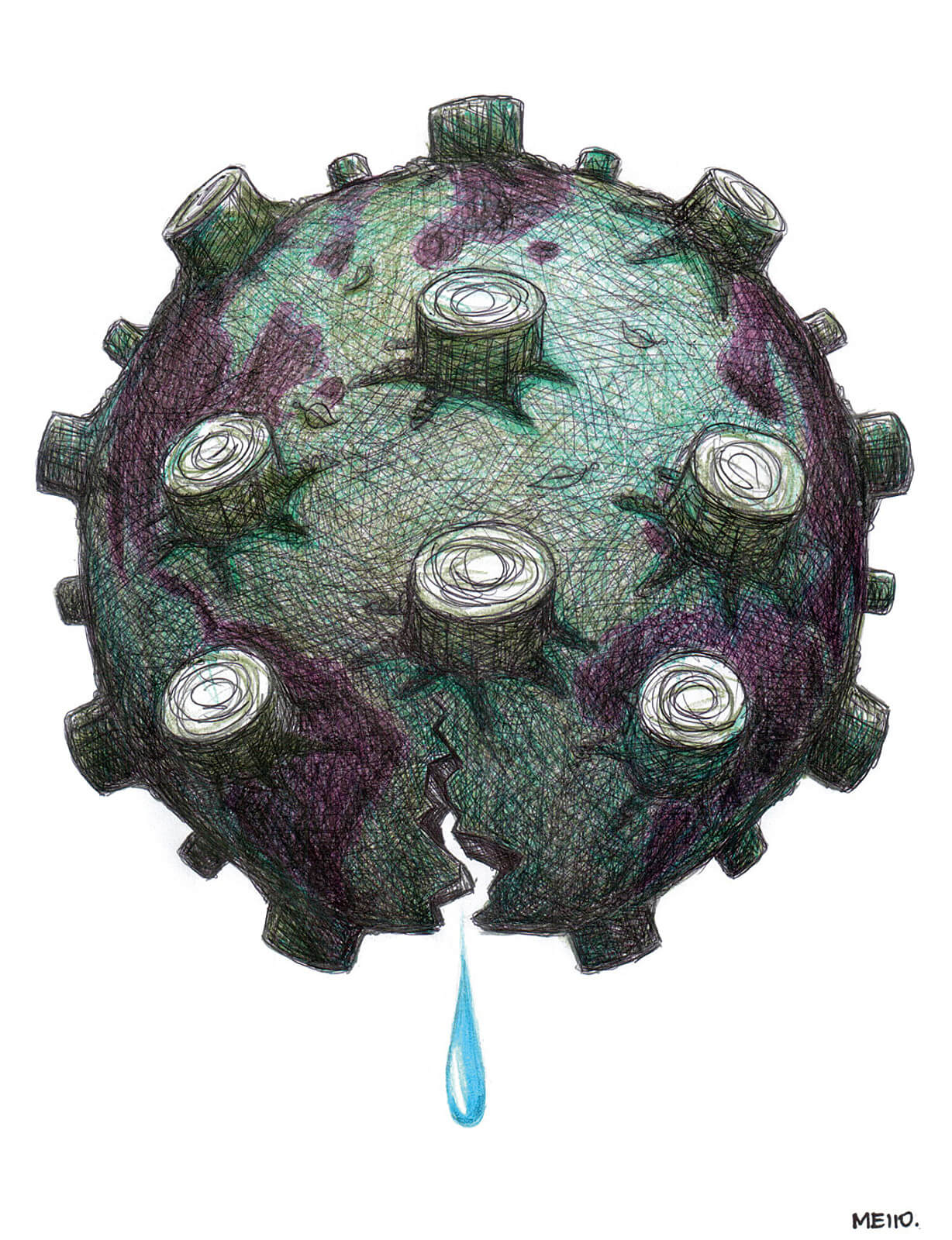 Handgezeichnete Illustration einer dunklen, beschädigten Erdkugel mit abgesägten Baumstümpfen anstelle von Kontinenten – unten tropft ein einzelner Wassertropfen heraus.
